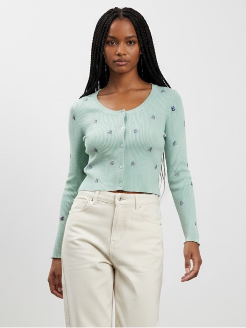 1574 • Mint Viscose Blend Pointelle Embroidered Flower Cardi Top